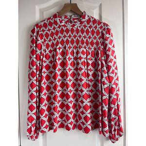 Crown & Ivy Women's Geometric Print Long Sleeve Smocked Blouse Top Size S